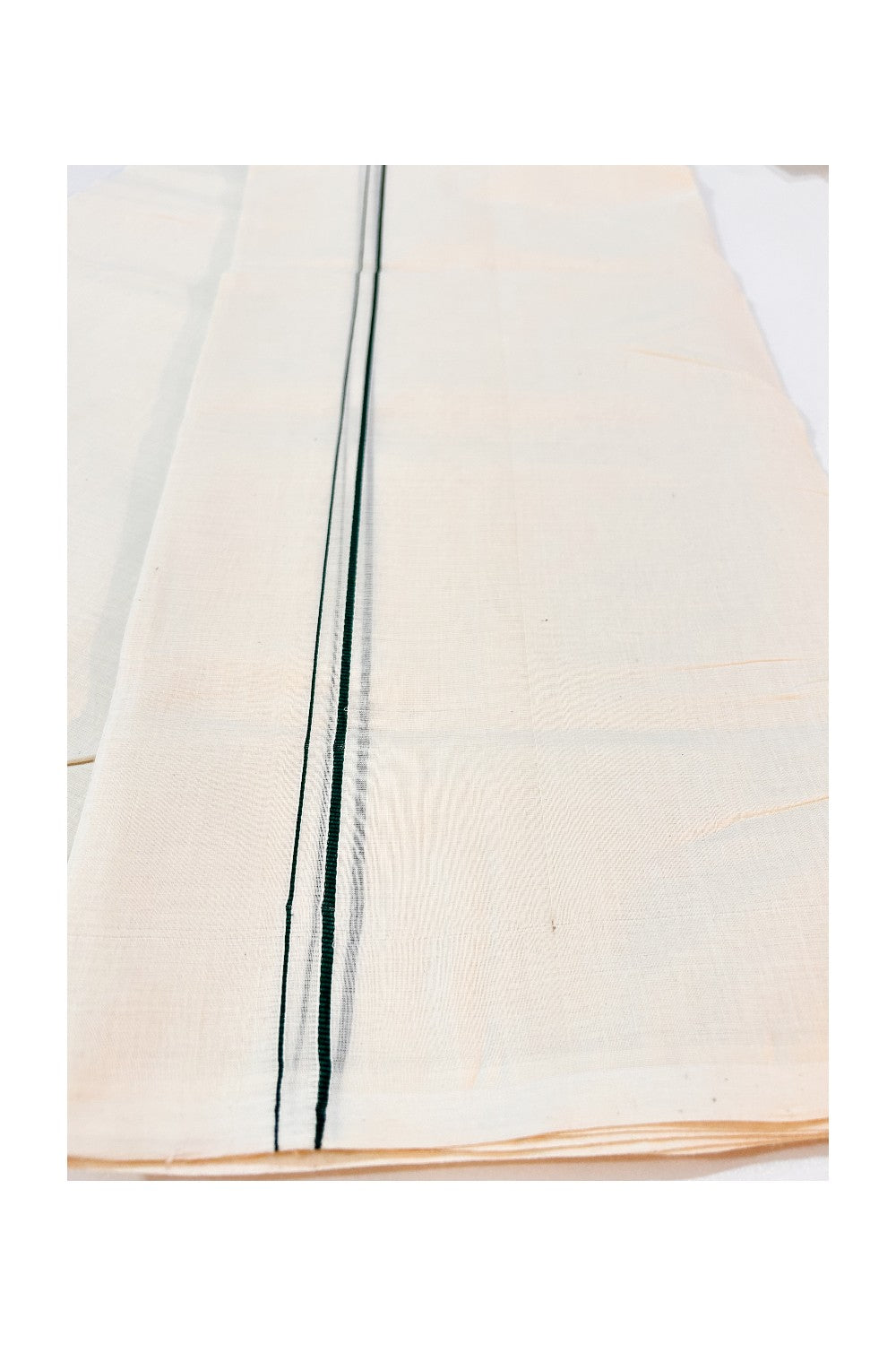 25% DISCOUNT! KaithariKada HANDLOOM Millpaav Balaramapuram - 100% PURE Cotton Off White Double (Unbleached) Mundu/Dhoti - 1cm Dark Green Erkkilkara - 87