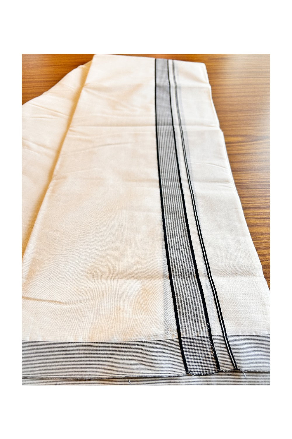 20% DISCOUNT! KaithariKada Balaramapuram 100% Cotton Double Off white- (Unbleached) - Mundu/Dhoti-100x100 - 1.75inch Black Stripes Kara - 4