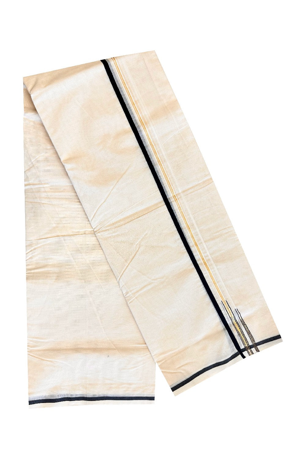 20% Discount!!! KaithariKada Balaramapuram 100% Cotton off white (Unbleached) Double Mundu/Dhoti-100x100 1.cm Double Chutty Black & Kasavu-23