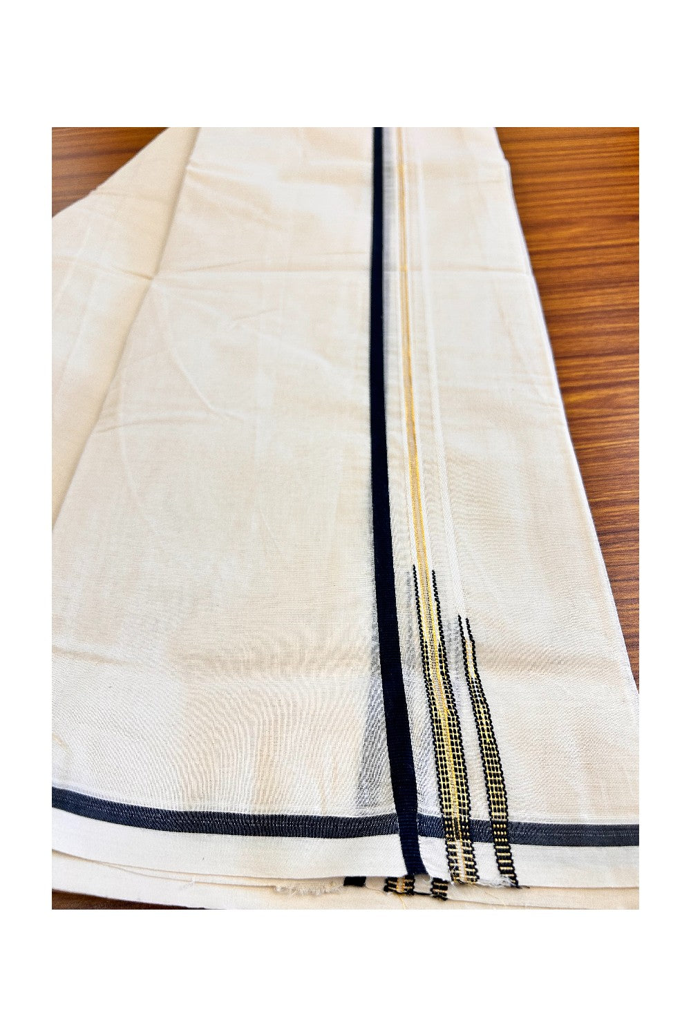 20% Discount!!! KaithariKada Balaramapuram 100% Cotton off white (Unbleached) Double Mundu/Dhoti-100x100 1.cm Double Chutty Black & Kasavu-23