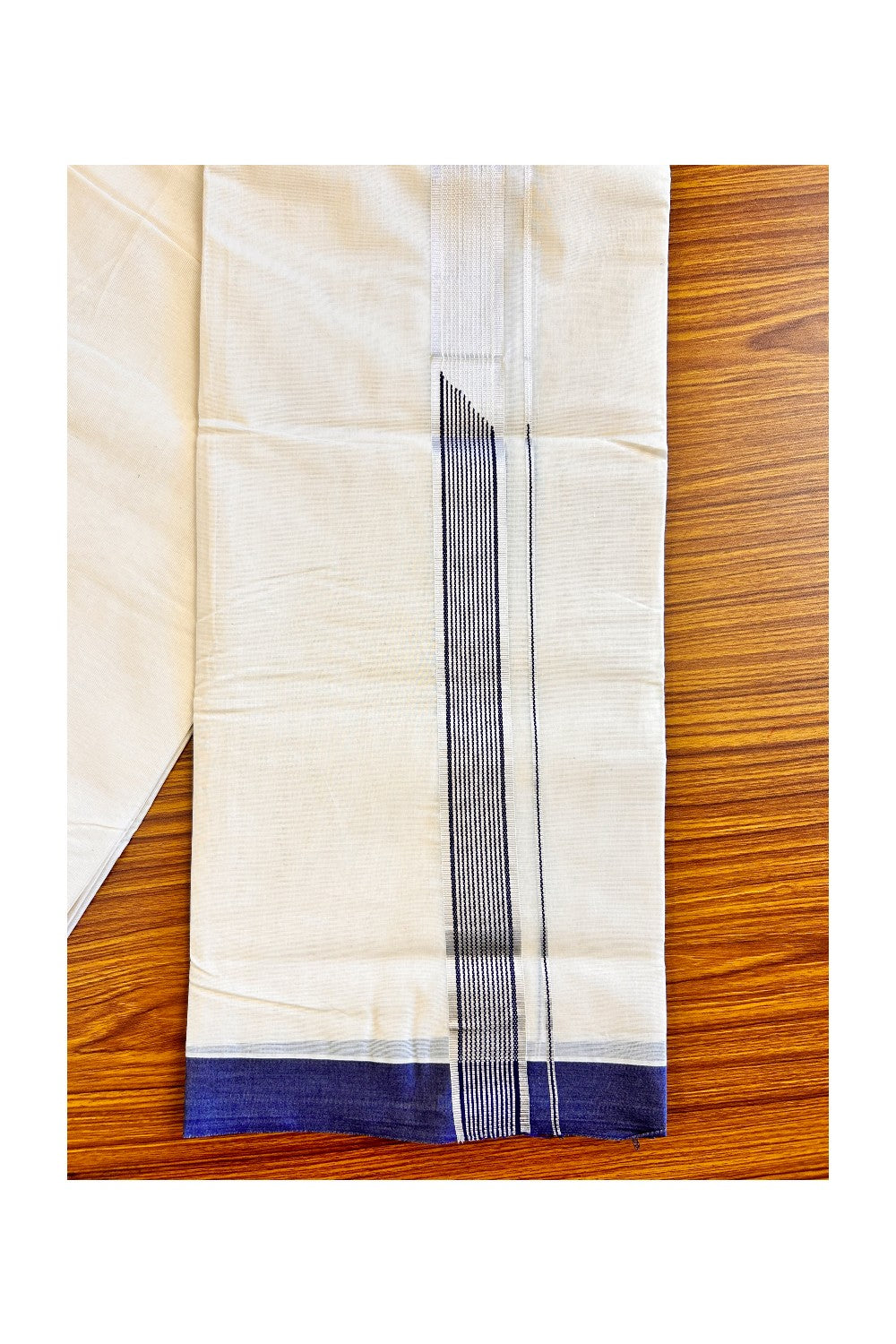 15% DISCOUNT! KaithariKada Balaramapuram 100% Cotton Double Off white Mundu/Dhoti-100x100 1.5 inch Chutty Heavy Designer NAVY BLUE & SILVER Kasavu Kara-40