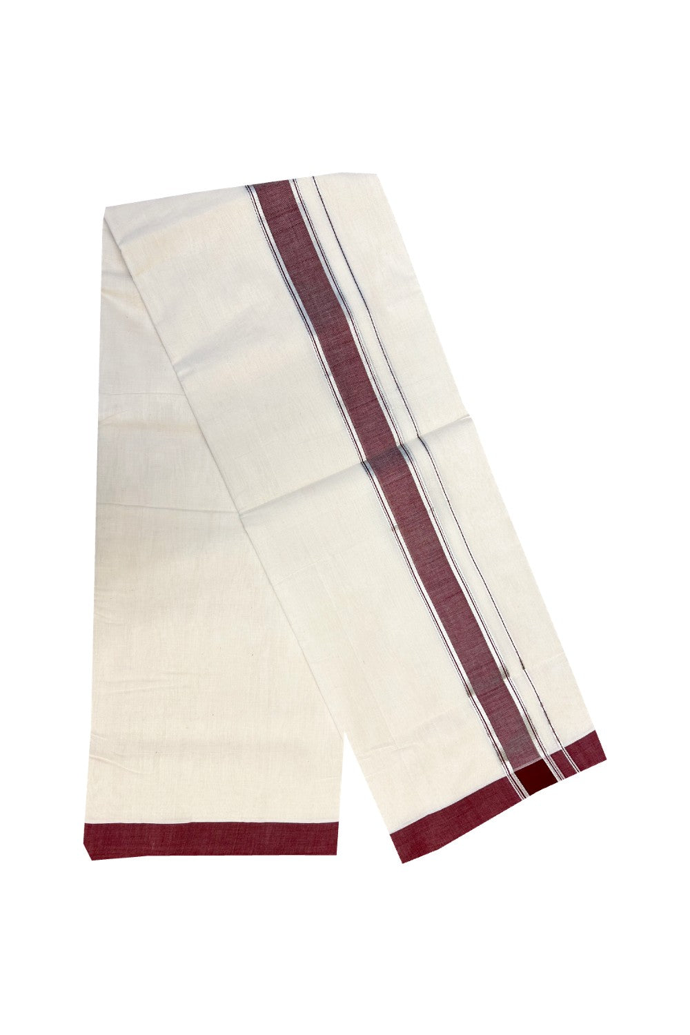 25% Discount KaithariKada HANDLOOM UNAKKUPAAV Balaramapuram - 100% PURE Cotton off white (Unbleached) Double Mundu/Dhoti - 2.5 inch Deep Vine Red & Silver Kara-101