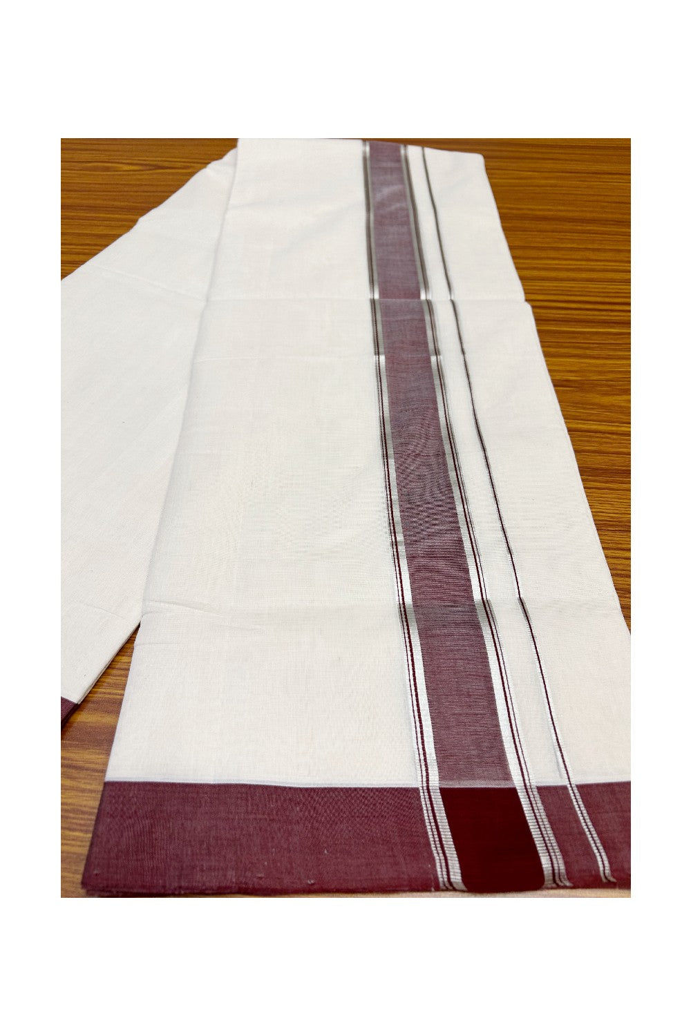 25% Discount KaithariKada HANDLOOM UNAKKUPAAV Balaramapuram - 100% PURE Cotton off white (Unbleached) Double Mundu/Dhoti - 2.5 inch Deep Vine Red & Silver Kara-101