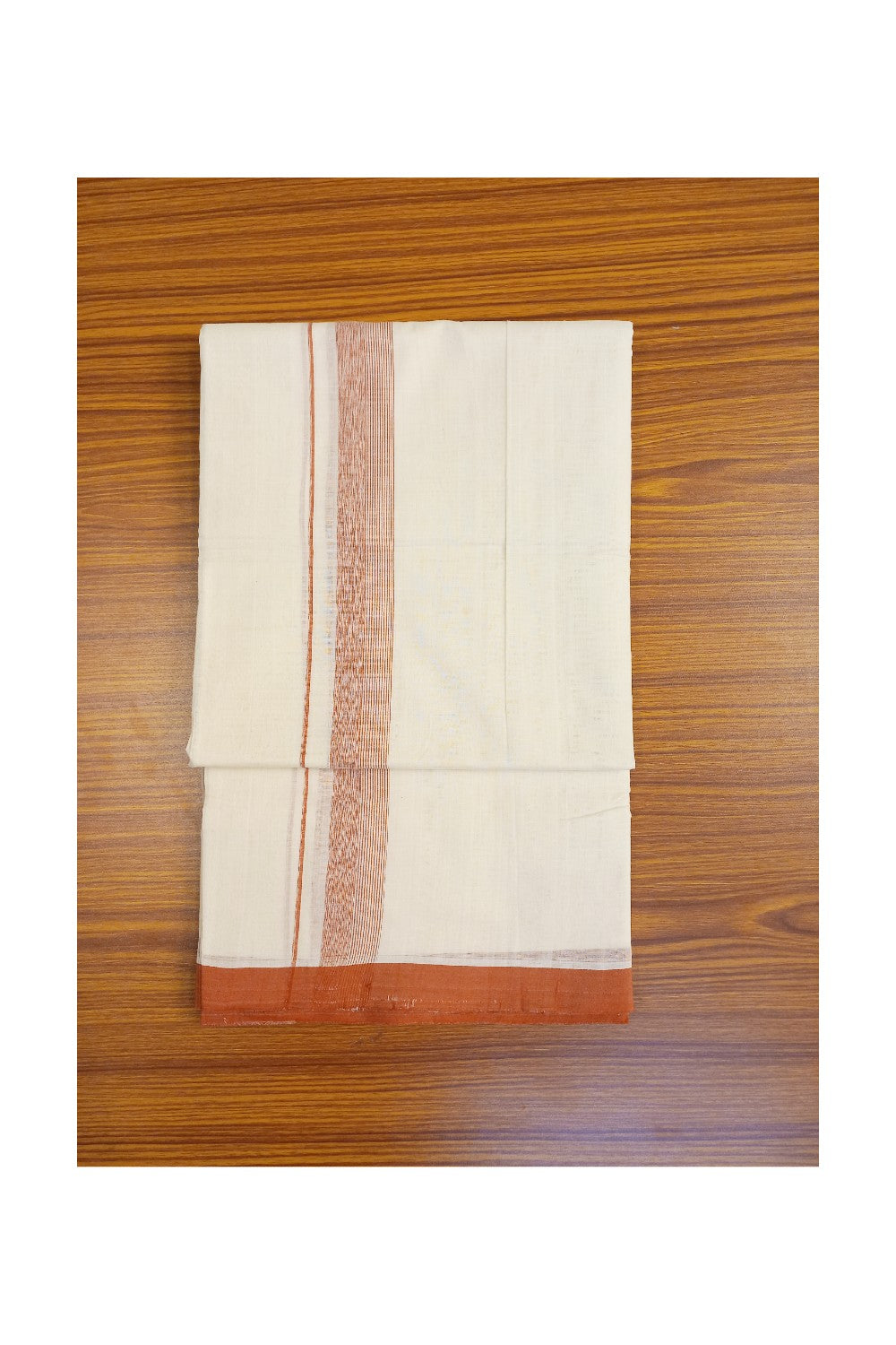 30% Discount KaithariKada HANDLOOM UNAKKUPAAV Balaramapuram - 100% PURE Cotton off White (Unbleached) Double Mundu/Dhoti - 2 inch Brick red Shaded stripes kara - 114