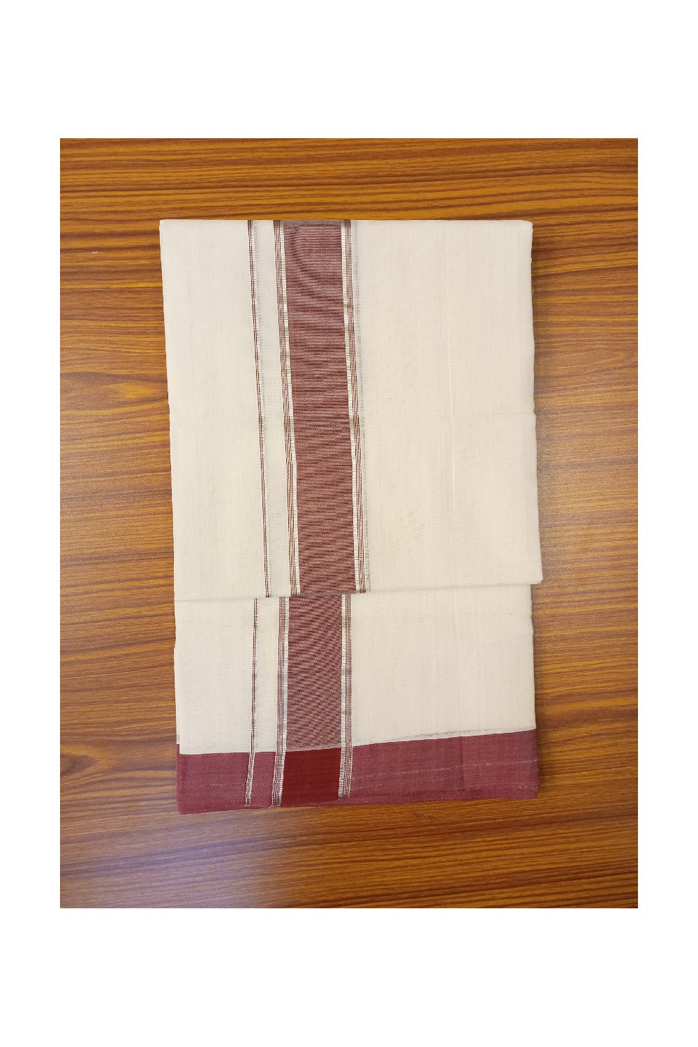 25% Discount KaithariKada HANDLOOM UNAKKUPAAV Balaramapuram - 100% PURE Cotton off white (Unbleached) Double Mundu/Dhoti - 2.75 inch Maroon Brown Silver Kasavu-116