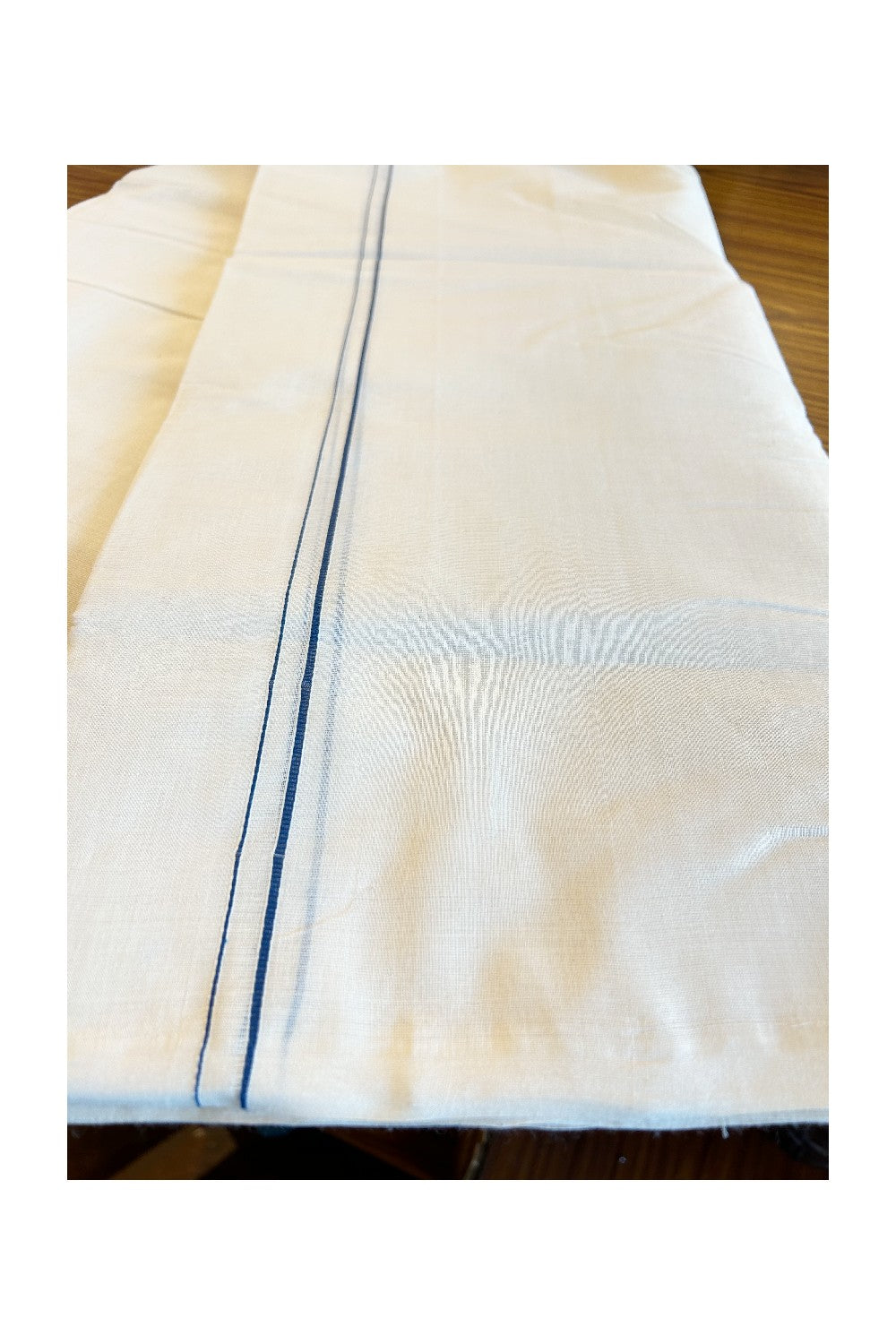25% Discount KaithariKada HANDLOOM Millpaav Balaramapuram - 100% PURE Cotton Off White (Unbleached) Double Mundu/Dhoti - 1cm Navy Blue Kara-177