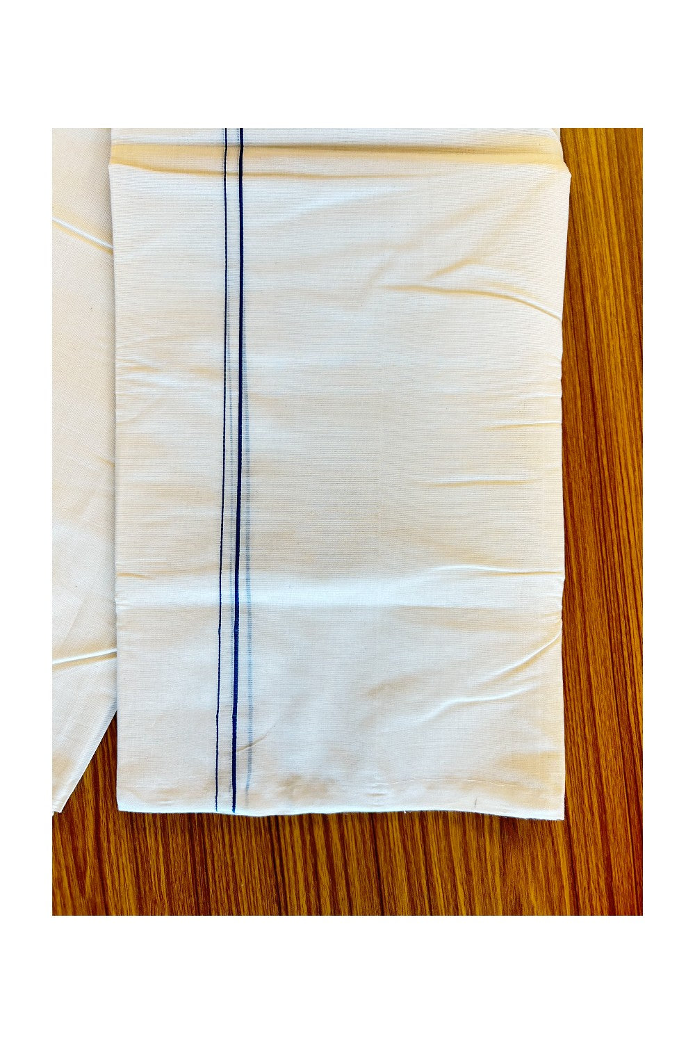 25% Discount KaithariKada HANDLOOM Millpaav Balaramapuram - 100% PURE Cotton Off White (Unbleached) Double Mundu/Dhoti - 1cm Navy Blue Kara-177