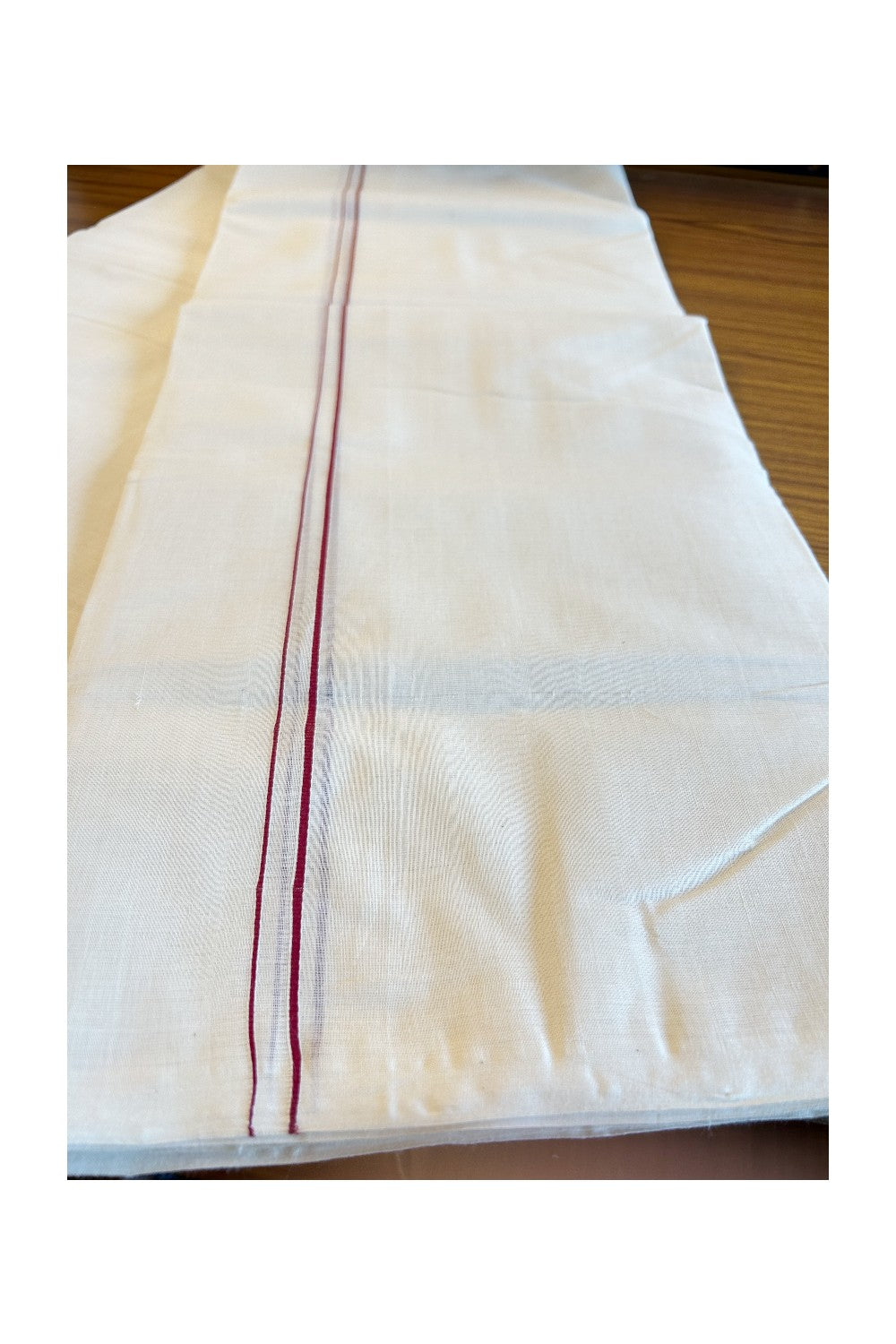 25% DISCOUNT! KaithariKada HANDLOOM Millpaav Balaramapuram - 100% PURE Cotton Off White (Unbleached) Double Mundu/Dhoti - 1cm Maroon Kara-178