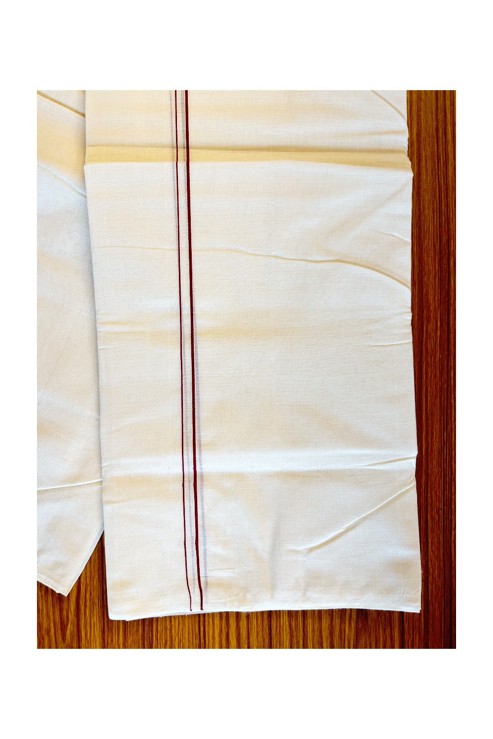 25% DISCOUNT! KaithariKada HANDLOOM Millpaav Balaramapuram - 100% PURE Cotton Off White (Unbleached) Double Mundu/Dhoti - 1cm Maroon Kara-178