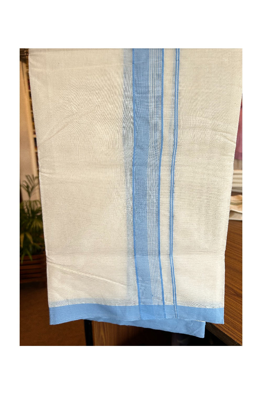 10% Discount KaithariKada Balaramapuram 100% Cotton Off White Double - (Unbleached) - Mundu/Dhoti - 100x100 2.25 inch - Sky Blue Side Stripe Kara - 202