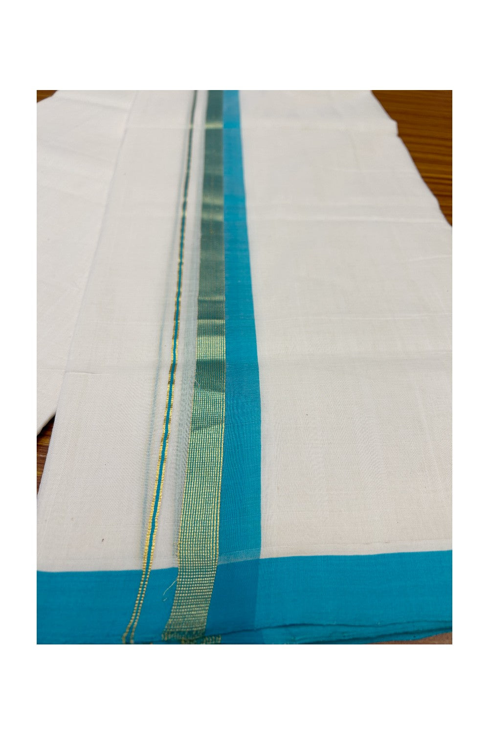 30% Discount KaithariKada HANDLOOM Unakkupaav Balaramapuram - 100% PURE Cotton Off White (Unbleached) Double Mundu/Dhoti - 1.75 inch Kasavu & Turquoise Blue-211