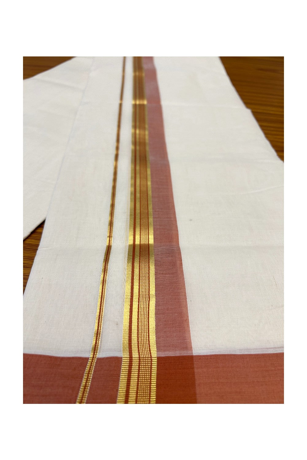 30% Discount KaithariKada HANDLOOM Unakkupaav Balaramapuram - 100% PURE Cotton Off White (Unbleached) Double Mundu/Dhoti - 2.5 inch Kasavu & Brick Red Kara-218