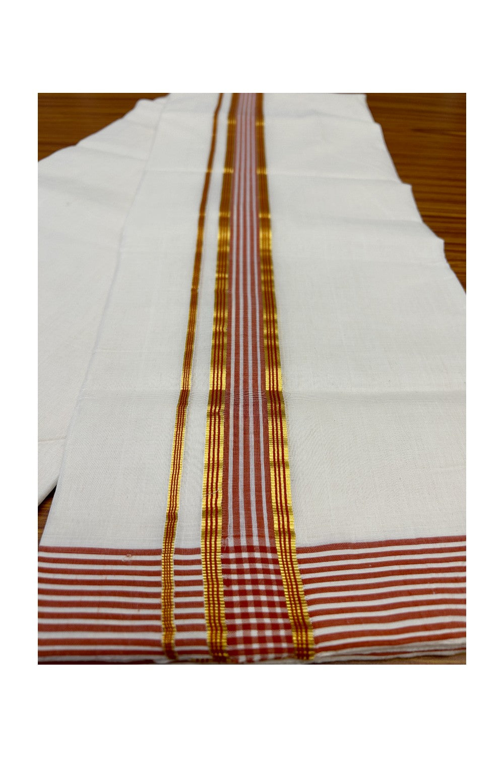 30% Discount KaithariKada HANDLOOM Unakkupaav Balaramapuram - 100% PURE Cotton Off White (Unbleached) Double Mundu/Dhoti - 2.25 inch Kasavu & Brick Red Stripes-220