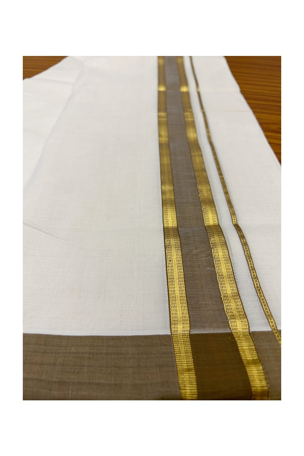 30% Discount KaithariKada HANDLOOM Unakkupaav Balaramapuram - 100% PURE Cotton Off White (Unbleached) Double Mundu/Dhoti - 2.5 inch Kasavu & Brown Kara - 225