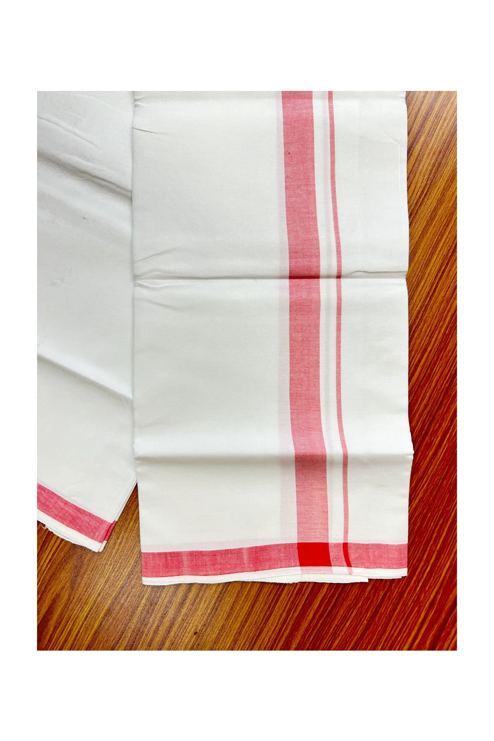 New!! 25% Discount!! KaithariKada 100% Cotton Balaramapuram HANDLOOM Single Mundu/Dhoti - Pure White 1.75 inch Pinkish Red Kara (2 meter / 4 muzham) - 233