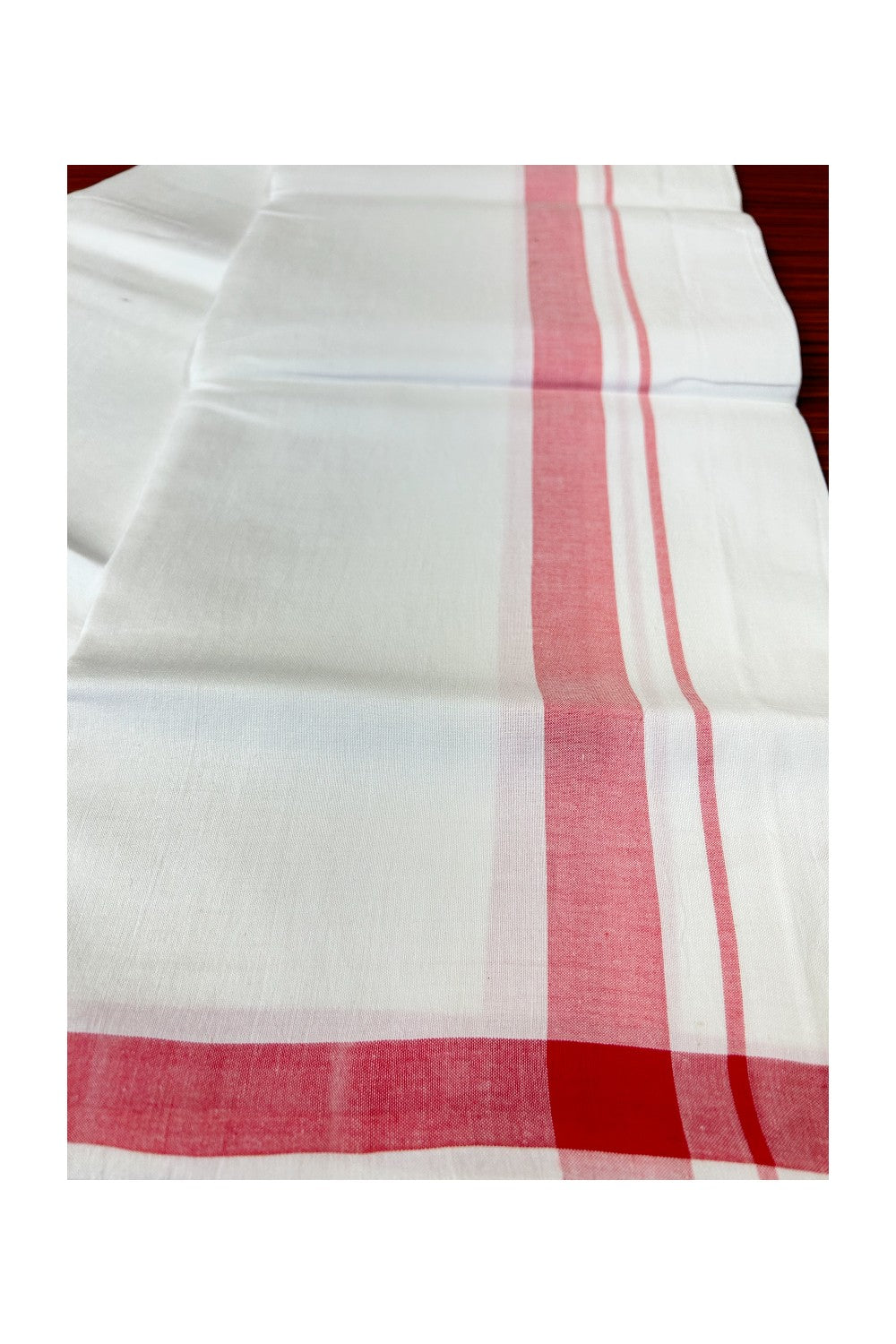 New!! 25% Discount!! KaithariKada 100% Cotton Balaramapuram HANDLOOM Single Mundu/Dhoti - Pure White 1.75 inch Pinkish Red Kara (2 meter / 4 muzham) - 233