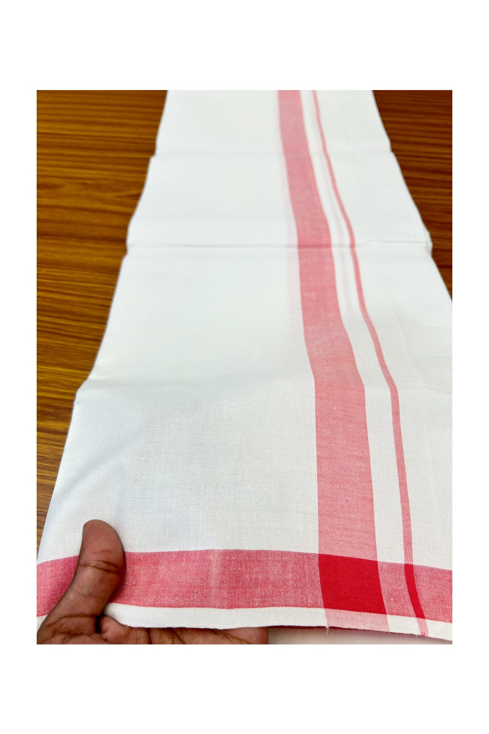New!! 25% Discount!! KaithariKada 100% Cotton Balaramapuram HANDLOOM Single Mundu/Dhoti - Pure White 1.75 inch Pinkish Red Kara (2 meter / 4 muzham) - 233