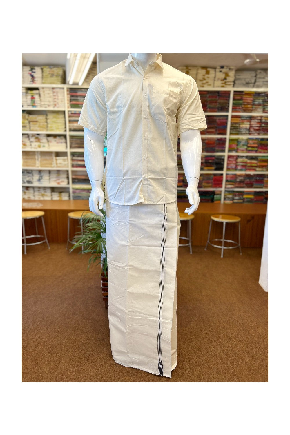 21% Offer! KaithariKada Balaramapuram 100% Cotton Off White (Unbleached) Double Mundu/Dhoti-100x100 Puliyilakkara 0.75 Inch 6 line Black chutty - 24