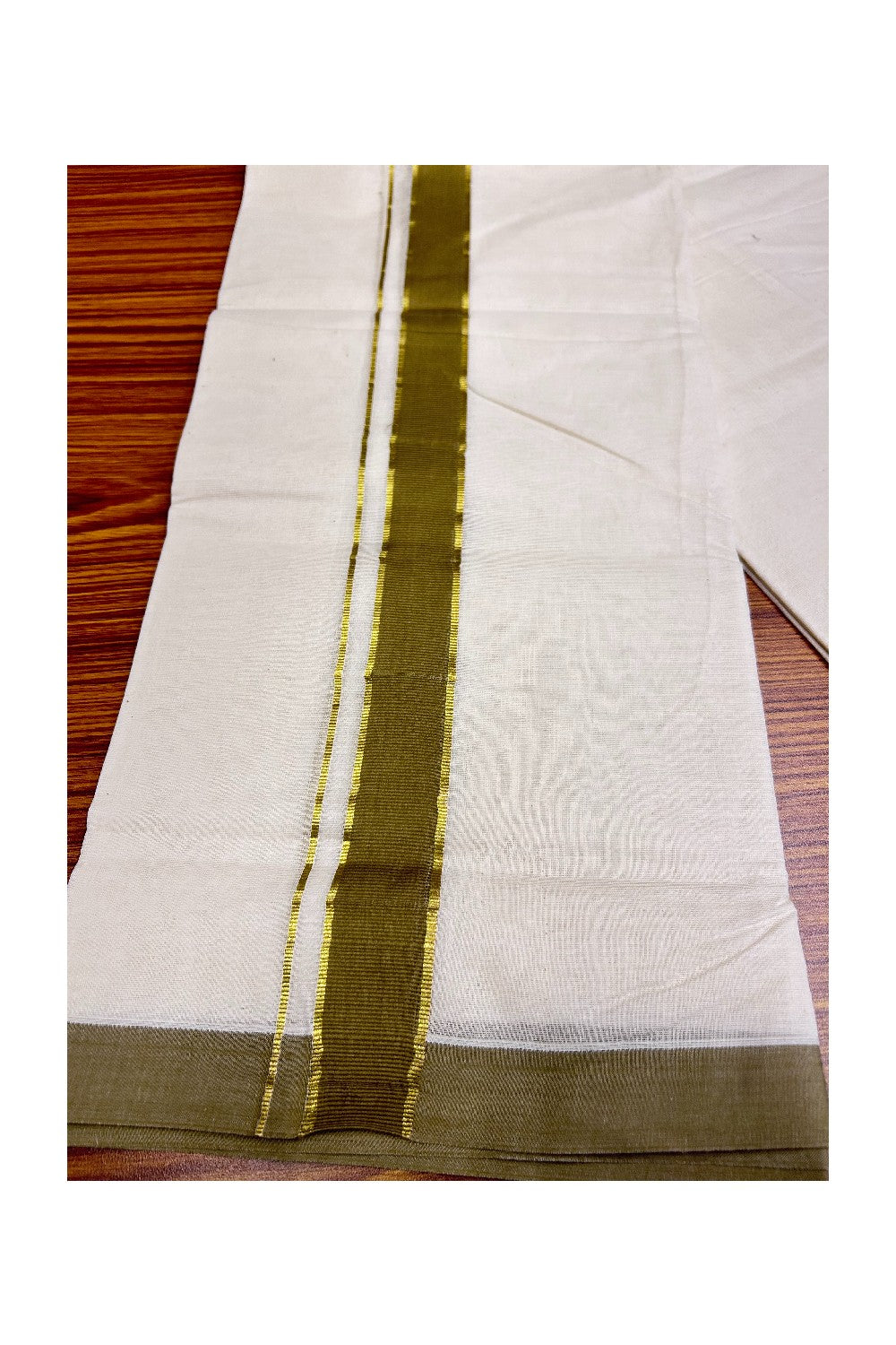 20% Discount KaithariKada Balaramapuram 100% Cotton Double Off white - (Unbleached) - Mundu/Dhoti- 100x80 - 1.75inch Gold Kasavu & Sage Green Kara 3.75 mtr (8 Muzham)- KK8DOT0147