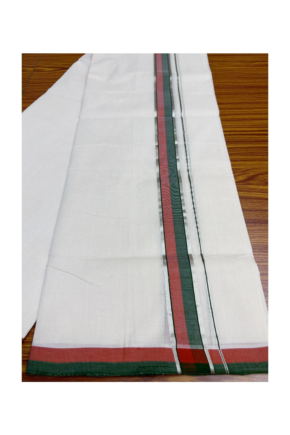 30% Discount KaithariKada HANDLOOM Unakkupaav Balaramapuram - 100% PURE Cotton Off White (Unbleached) - 100x100 Double Mundu/Dhoti - 2 inch Silver Kasavu Green & Red Kara- 209