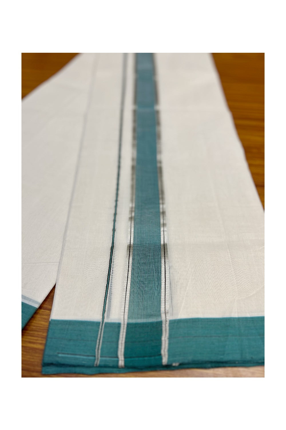 30% Discount KaithariKada HANDLOOM Unakkupaav Balaramapuram - 100% PURE Cotton Off White (Unbleached) - 100x100 Double Mundu/Dhoti -2.5 inch Silver Kasavu Green Blue & Black Stripes Kara- 222