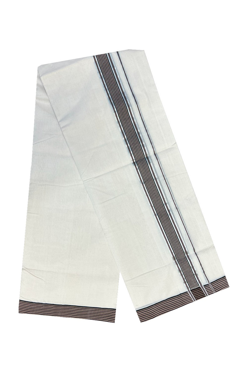 30% Discount !! KaithariKada HANDLOOM Unakkupaav Balaramapuram - 100% PURE Cotton Off White (Unbleached) - 100x100 Double Mundu/Dhoti - 2.5 inch Silver Kasavu Black Stripes Kara-226