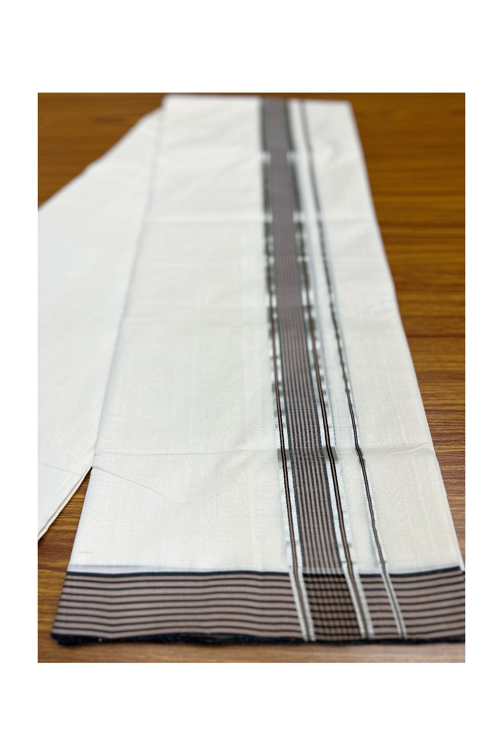 30% Discount !! KaithariKada HANDLOOM Unakkupaav Balaramapuram - 100% PURE Cotton Off White (Unbleached) - 100x100 Double Mundu/Dhoti - 2.5 inch Silver Kasavu Black Stripes Kara-226