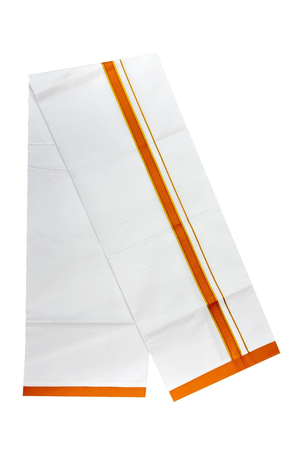 KaithariKada Balaramapuram 100% Cotton Ultra WHITE SINGLE Mundu/Dhoti-80x80 1.5inch (2 meter / 4 muzham) Orange Brown & Kasavu Kara- 58