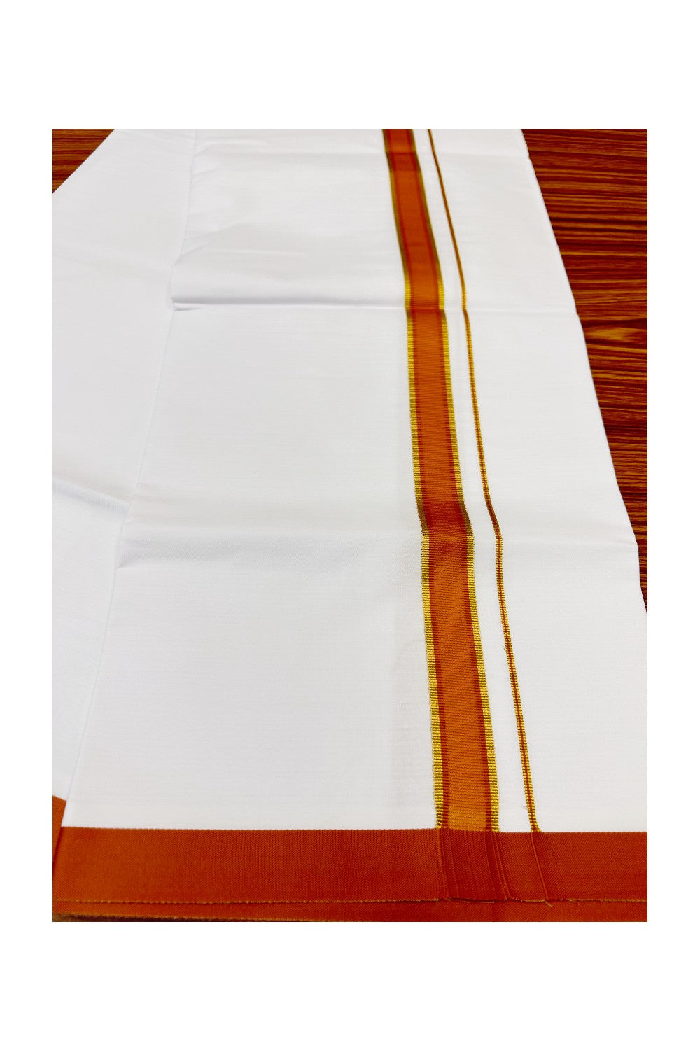 KaithariKada Balaramapuram 100% Cotton Ultra WHITE SINGLE Mundu/Dhoti-80x80 1.5inch (2 meter / 4 muzham) Orange Brown & Kasavu Kara- 58