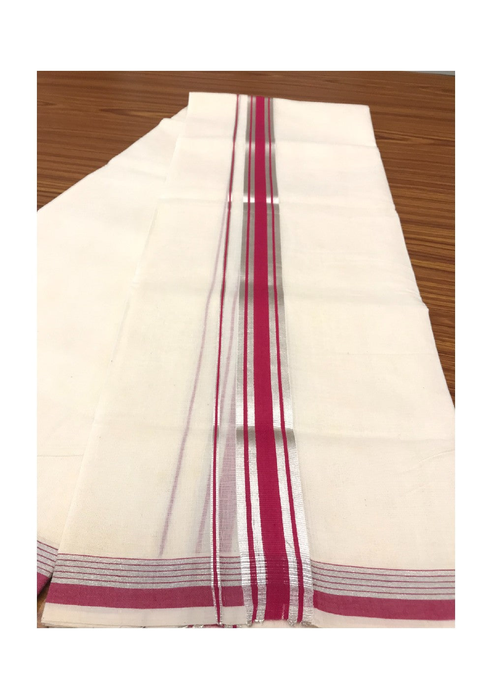 25% DISCOUNT! KaithariKada Balaramapuram Handloom 100% Cotton Double Off white (Unbleached) Mundu/Dhoti-100X100- 2 inch Silver Kasavu & Magenta Kara.-3.