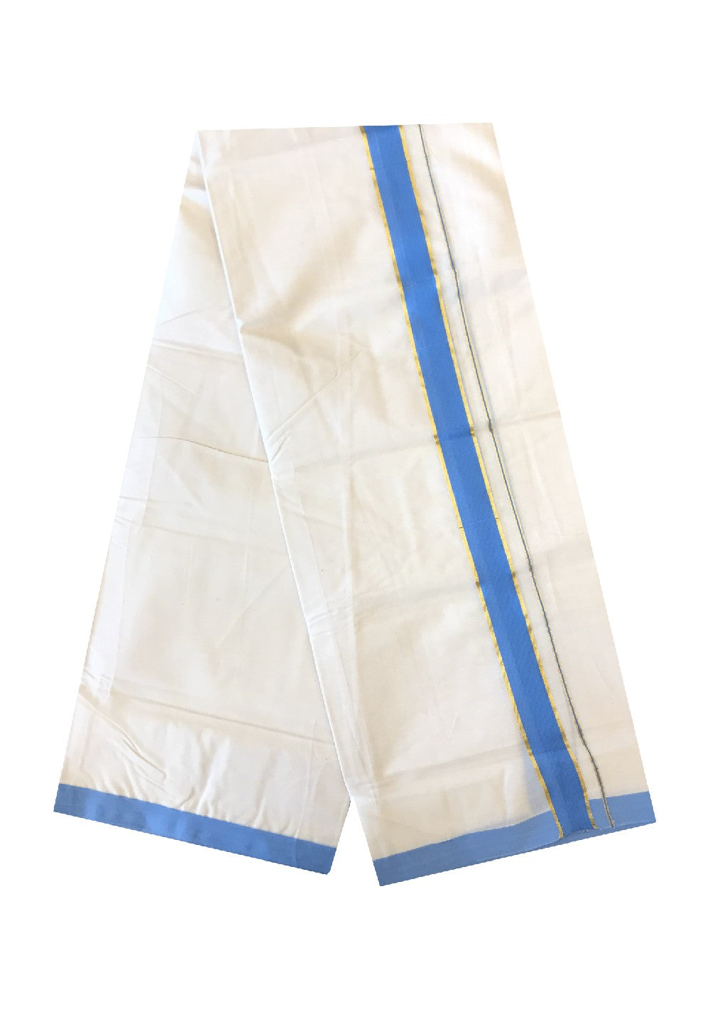 10% DISCOUNT! KaithariKada Balaramapuram 100% Cotton Double Off white - (Unbleached) - Mundu/Dhoti-100X100- 2 inch Gold Kasavu & Dark Sky Blue Kara- 17.