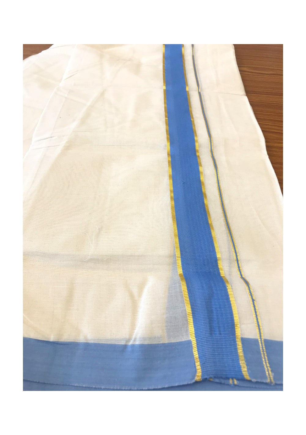 10% DISCOUNT! KaithariKada Balaramapuram 100% Cotton Double Off white - (Unbleached) - Mundu/Dhoti-100X100- 2 inch Gold Kasavu & Dark Sky Blue Kara- 17.