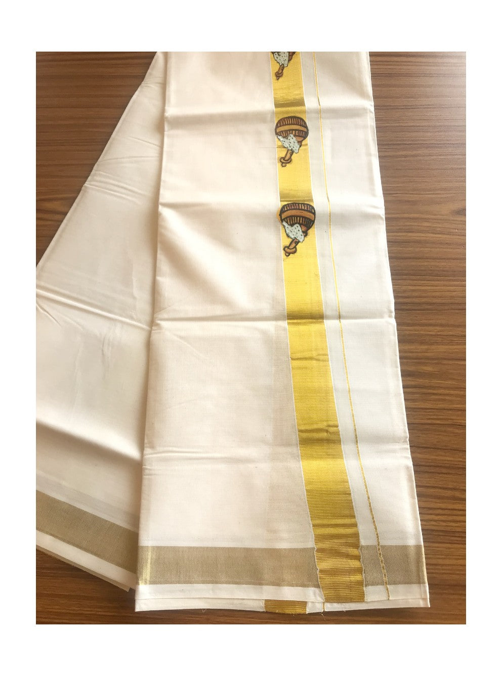 20% DISCOUNT! KaithariKada Balaramapuram 100% Cotton Double Off white - (Unbleached) Mundu/Dhoti-100X100- KASAVU GHEE POT MURAL PAINT DESIGN 2. inch Kara.- KKDOT3.