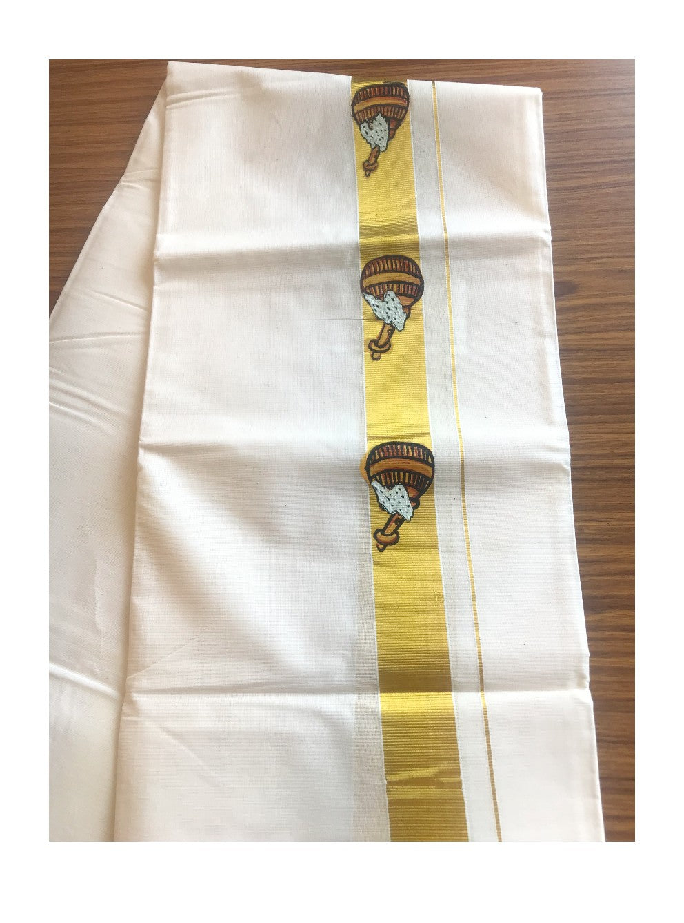 20% DISCOUNT! KaithariKada Balaramapuram 100% Cotton Double Off white - (Unbleached) Mundu/Dhoti-100X100- KASAVU GHEE POT MURAL PAINT DESIGN 2. inch Kara.- KKDOT3.