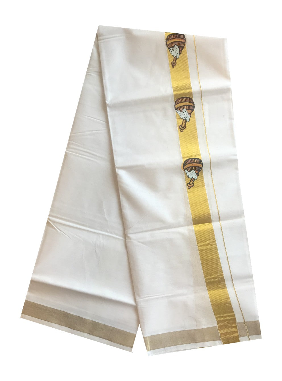20% DISCOUNT! KaithariKada Balaramapuram 100% Cotton Double Off white - (Unbleached) Mundu/Dhoti-100X100- KASAVU GHEE POT MURAL PAINT DESIGN 2. inch Kara.- KKDOT3.