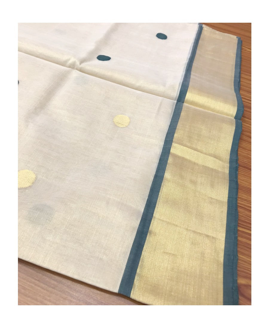 KaithariKada HANDLOOM UNAKKUPAAV Balaramapuram Kerala Saree for Women- 100% PURE Tissue - 7 inch Green Kasavu Kara with Kujalam - 24.