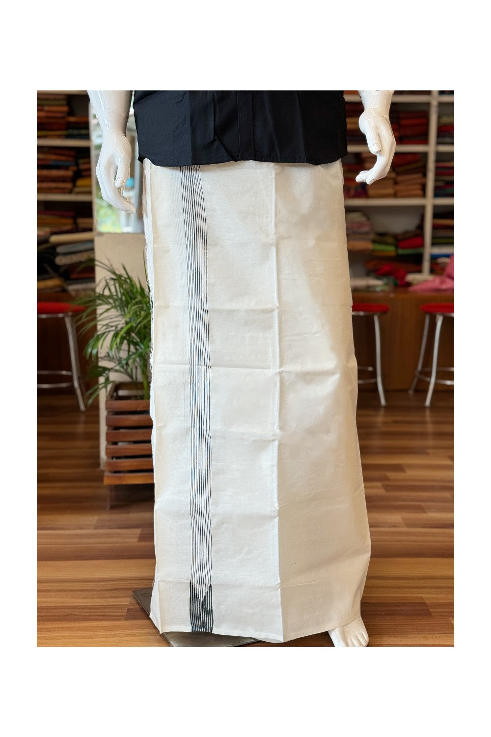 17% OFFER! KaithariKada Balaramapuram 100% Cotton Double OFF WHITE - (Unbleached) Mundu/Dhoti - 100x100 12 Line Chutty Black & White - 1