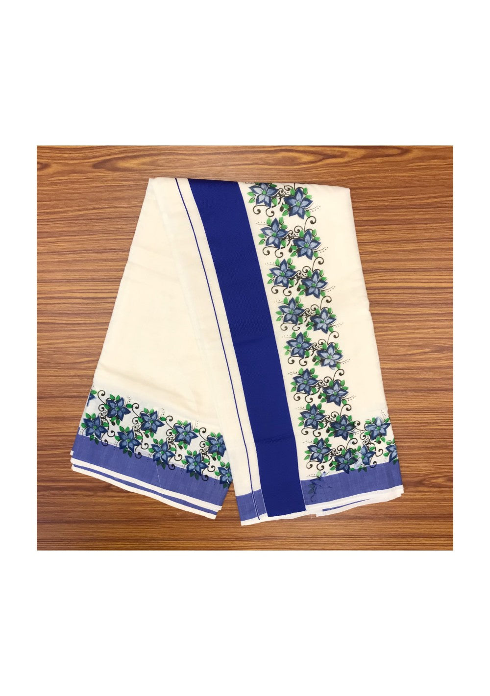 20% Discount Kaitharikada Kerala Saree - Cotton Printed 4 Inch Boder Zari - Blue Flower Prints - 2