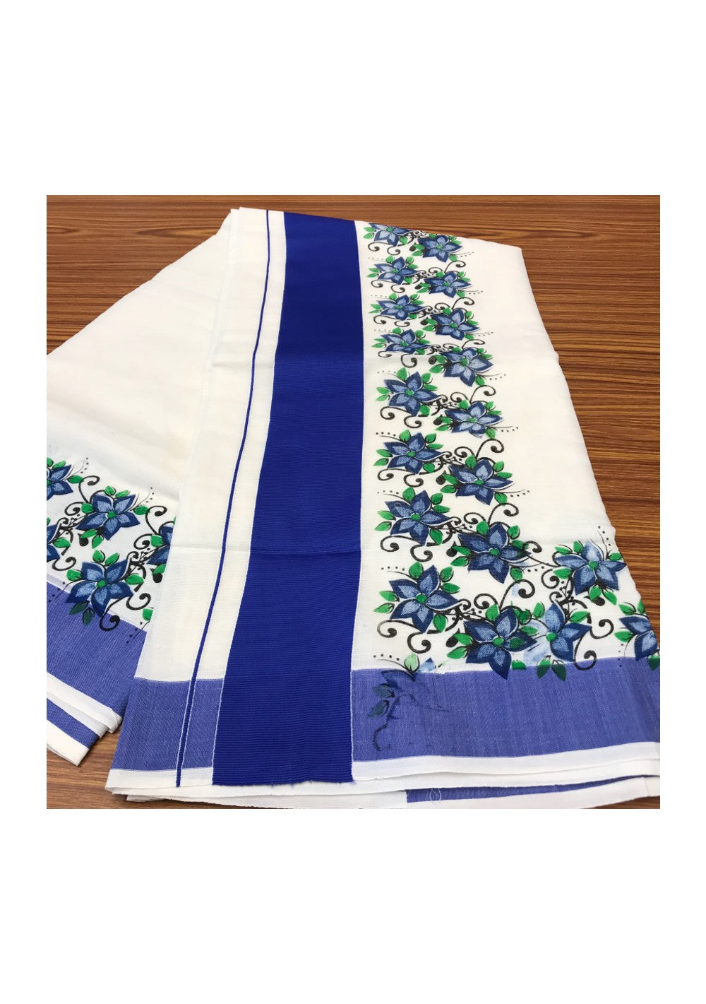 20% Discount Kaitharikada Kerala Saree - Cotton Printed 4 Inch Boder Zari - Blue Flower Prints - 2
