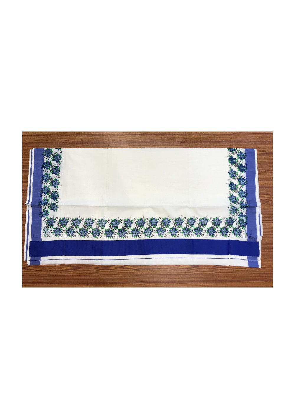 20% Discount Kaitharikada Kerala Saree - Cotton Printed 4 Inch Boder Zari - Blue Flower Prints - 2