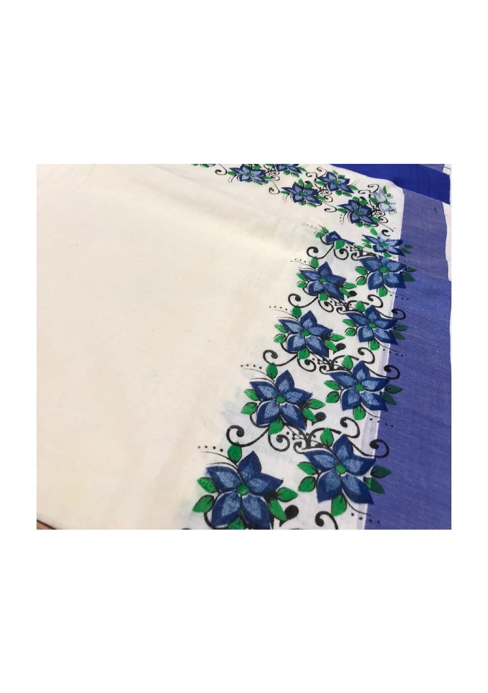 20% Discount Kaitharikada Kerala Saree - Cotton Printed 4 Inch Boder Zari - Blue Flower Prints - 2