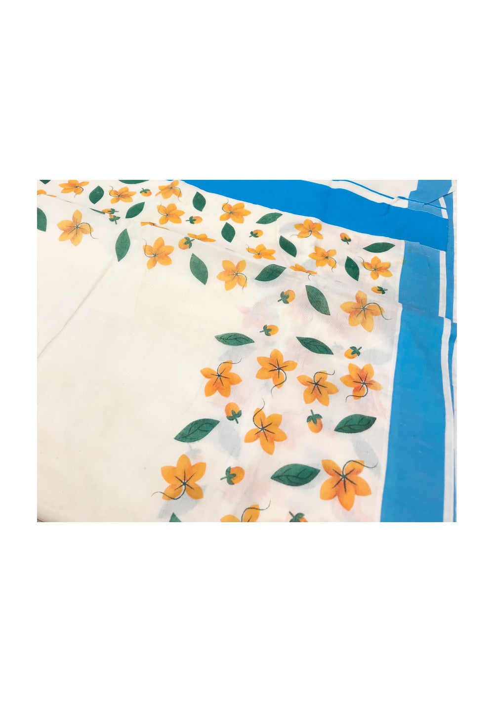 20% Kaitharikada Kerala Saree - Cotton Printed 4 Inch Sky Blue Boder  Zari -Orange Flower Prints- 5