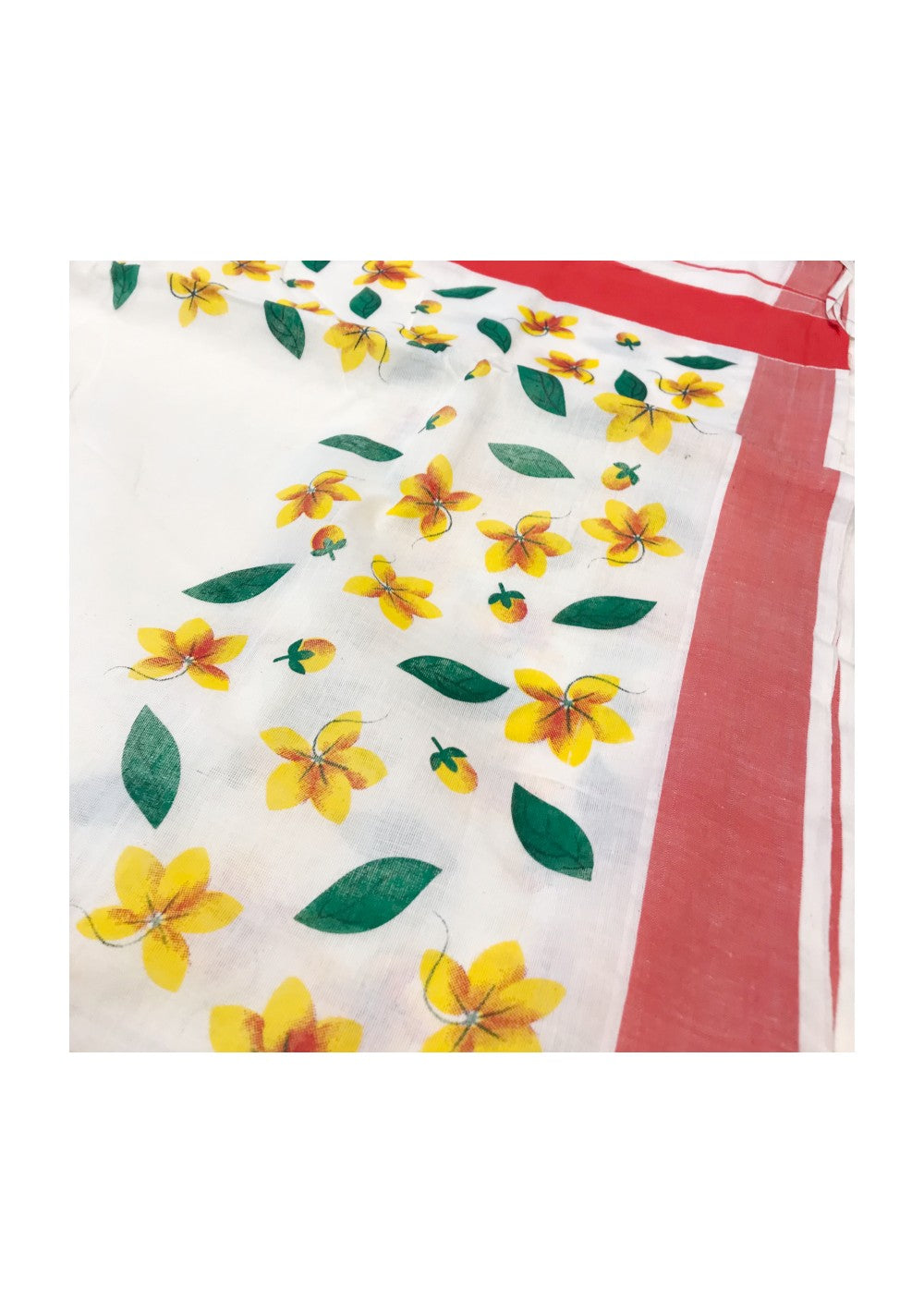 20% Discount Kaitharikada Kerala Saree - Cotton Printed 4 Inch Reddish Orange Boder  Zari -Yellow Flower Prints- TPS010.1