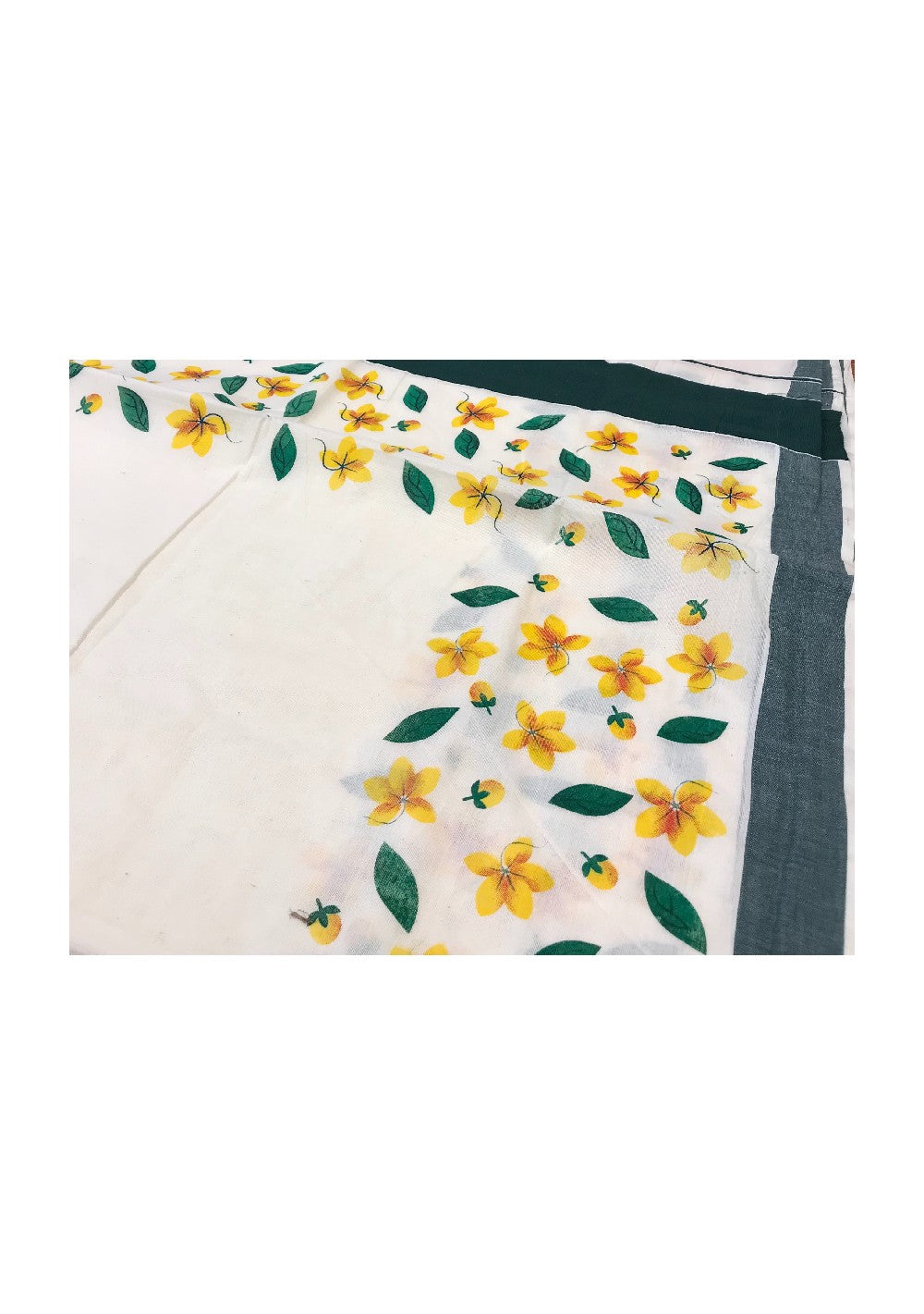 20% Discount Kaitharikada Kerala Saree - Cotton Printed 4inch Dark Green Boder Zari - Yellow Flower Prints - TPS011