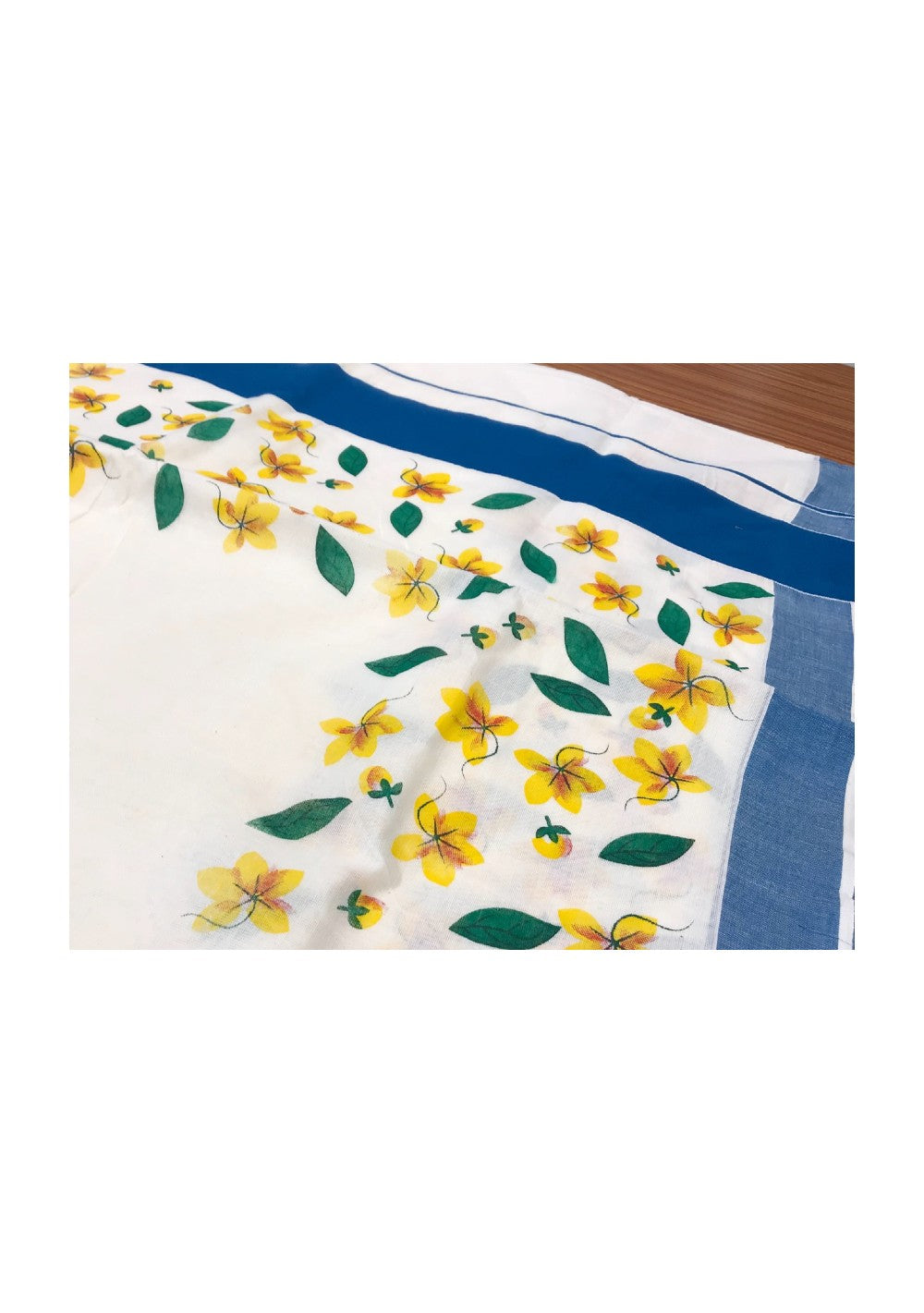 20% Discount Kaitharikada Kerala Saree - Cotton Printed 4.25 Inch Peacock Blue Boder Zari - Yellow Flower Prints - TPS013.1