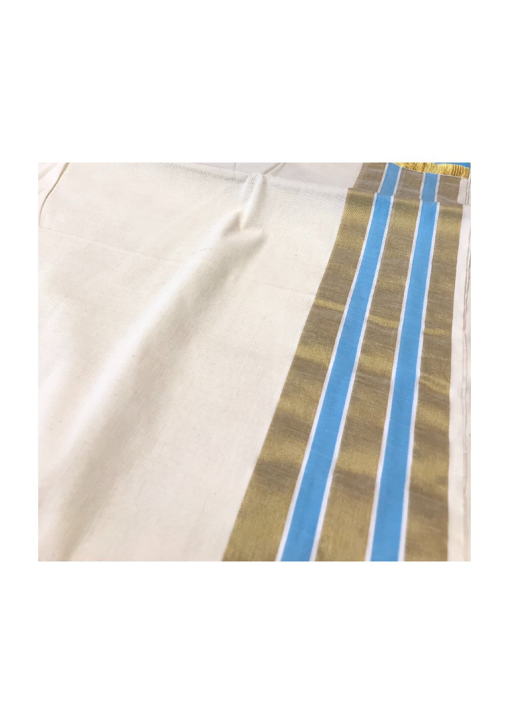 20% Discount Kaitharikada Kerala Saree - Cotton Kasavu Saree Pallu - Sky Blue & Kasavu Stripes .- 38.
