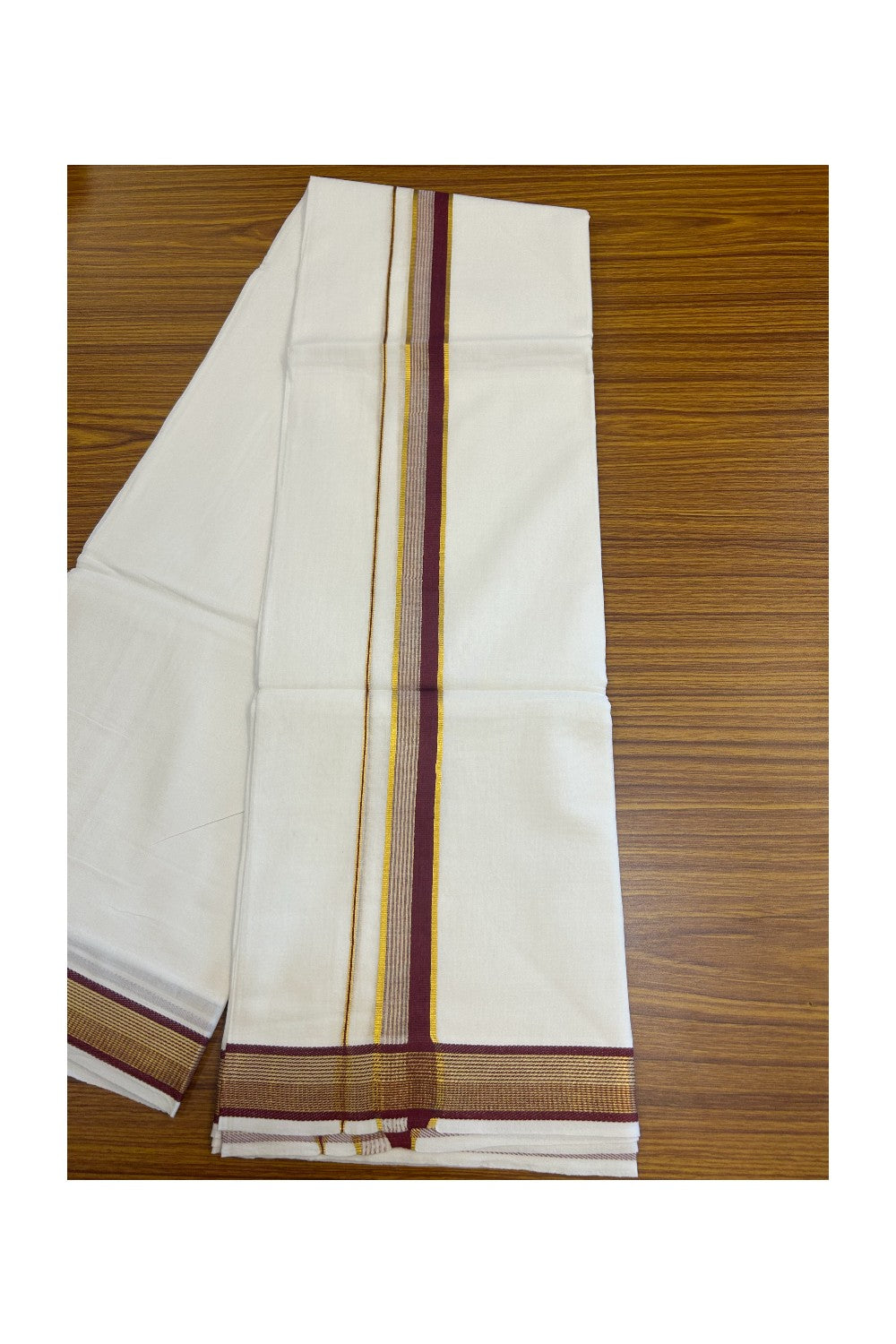 16% DISCOUNT! KaithariKada Balaramapuram 100% Mercerised Cotton Double ULTRA PURE white Mundu/Dhoti - 100x100 1.25 inch Maroon & Kasavu stripes Kara - 22KK5135GAN