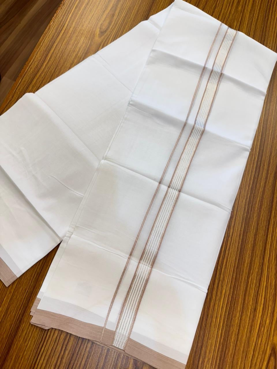 20% Discount ! Kaitharikada Balaramapuram 100% Cotton Pure White Double Mundu/Dothi - 100x80 - 0.75 inch Silver Kasav & Dusty Peach Striped Kara 4 mtr (8.5 muzham) - 60 KK5255 VAS