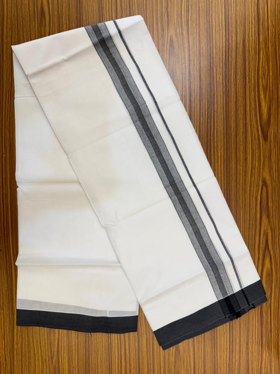 20% Discount ! KaithariKada Balaramapuram 100% Cotton Double Pure white Mundu/Dhoti- 100x80 - 1.5 inch Black shaded striped Kara - 3.90mtr ( 8 muzham) - 28 KK5251 PMC