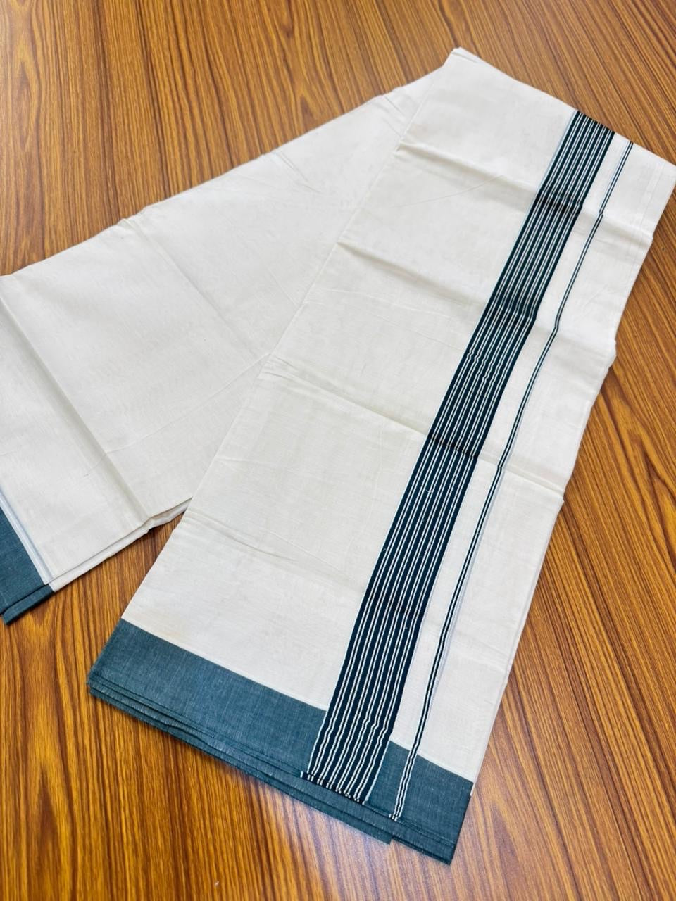 20% Discount! KaithariKada Balaramapuram 100% Cotton Off white Double Mundu/Dhoti - (100x80)S - 1.5 inch Dark Green & Silver Kasav Striped Kara - 4mtr (8.5muzham) - 82 KK5255 VAS
